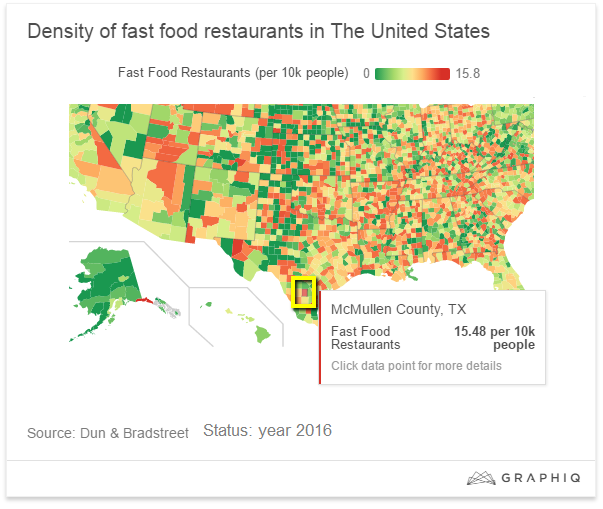 Density of fast food restaurants in the U.S.A. (year 2016)